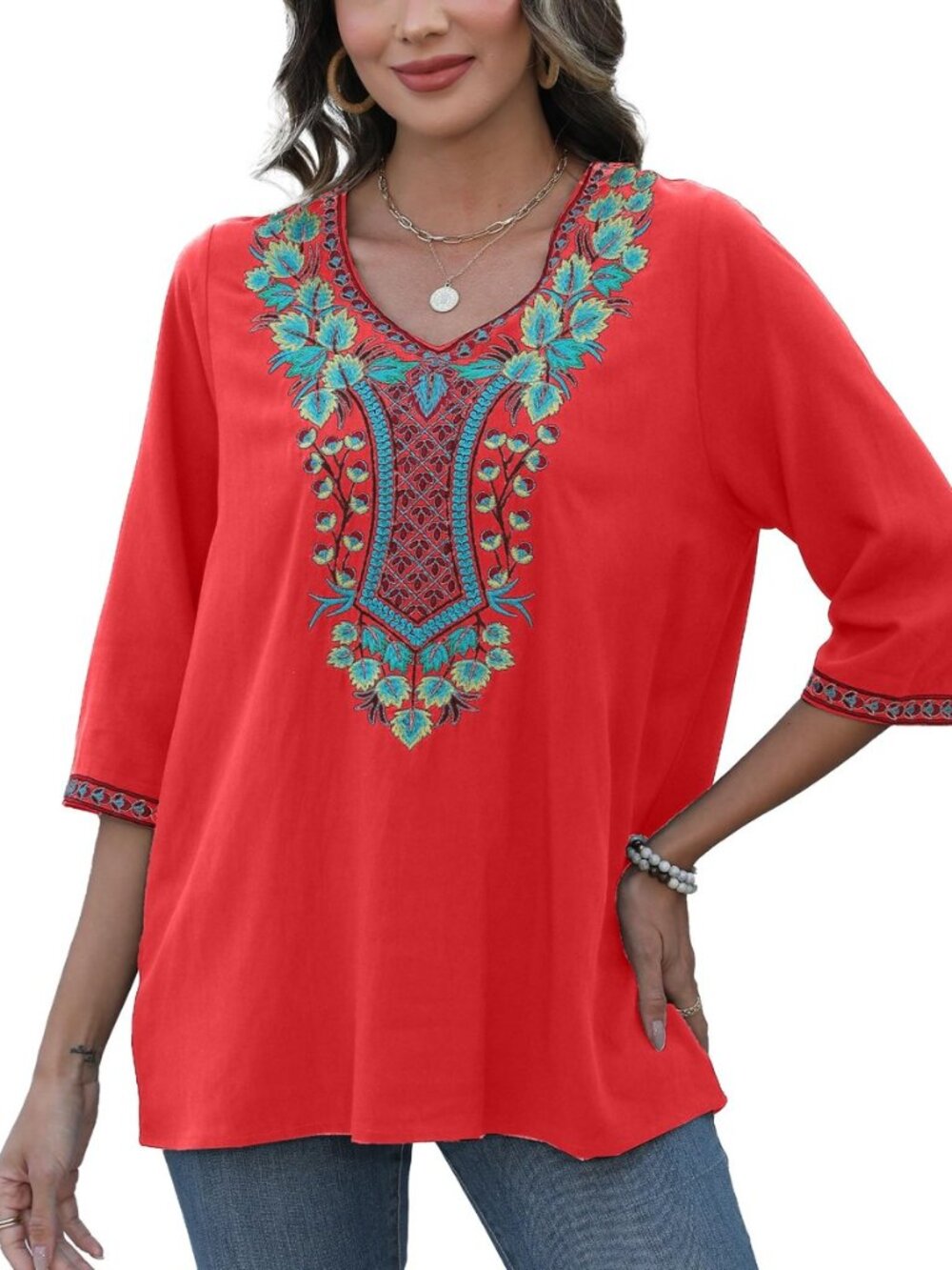 Women Boho Embroidered Tops Mexican 3/4 Sleeve Peasant Shirt for Women
